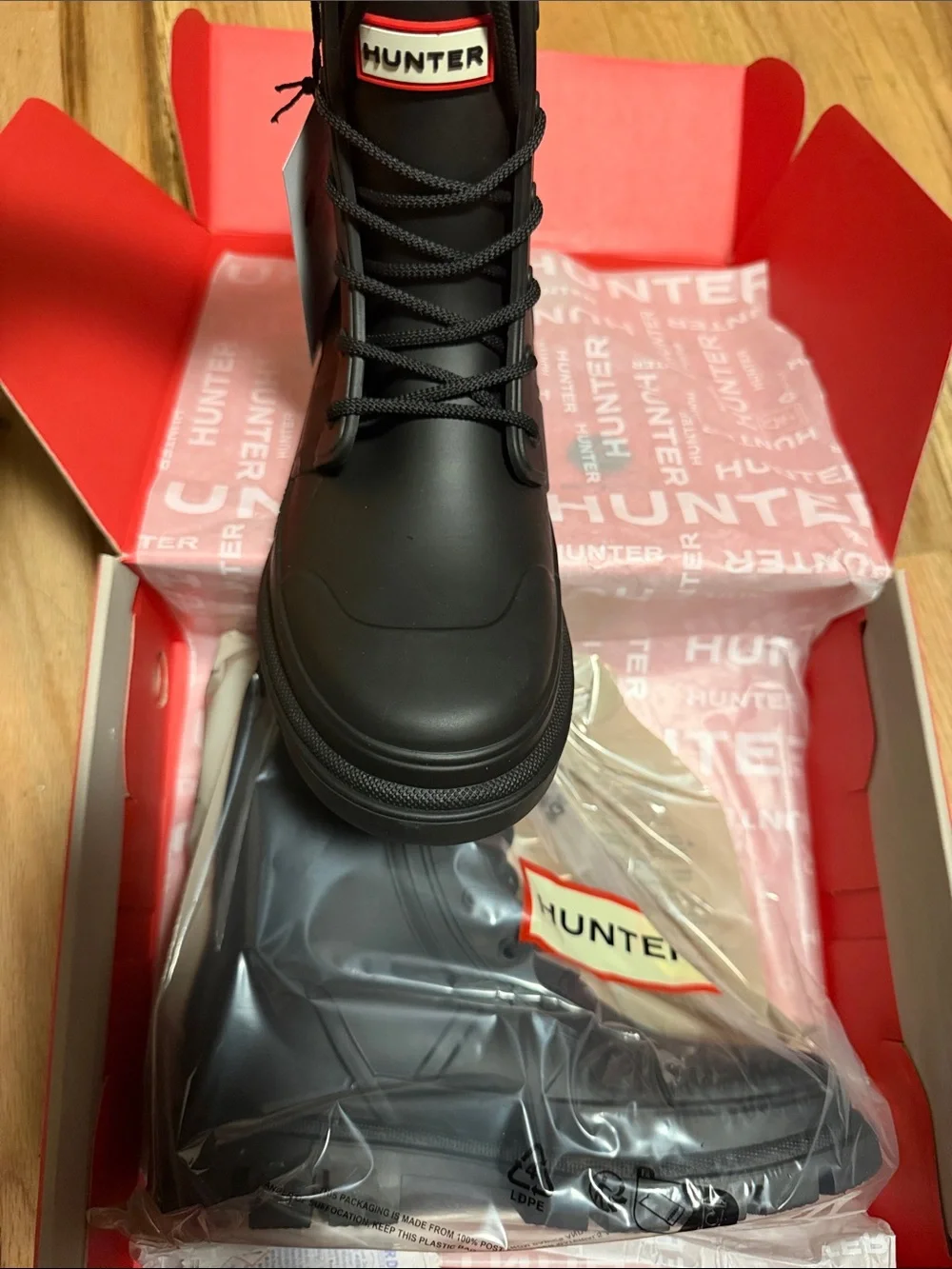 Hunter Big Kids Black Lace-Up Combat Rain Boots Size 5 Brand New
